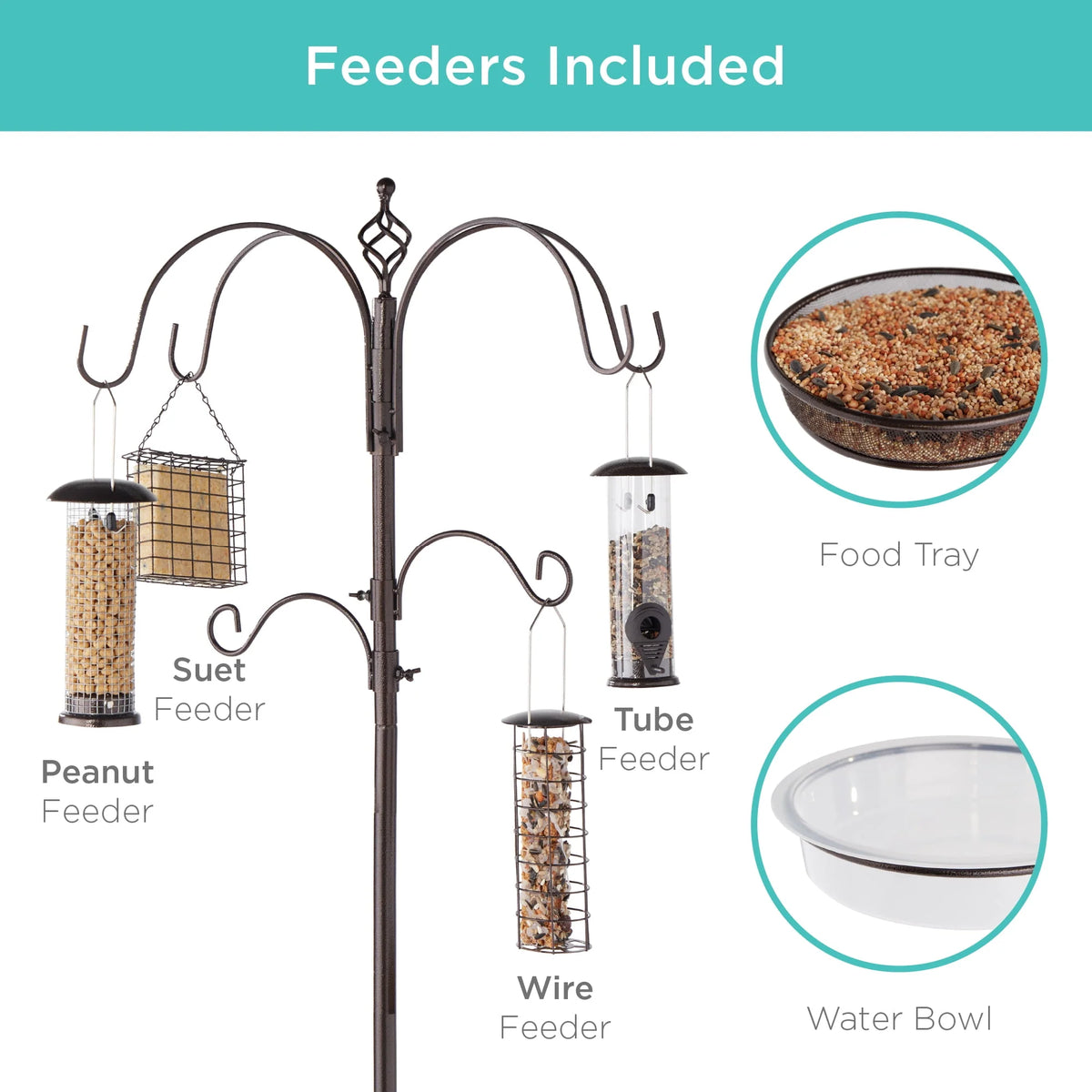 89in 6-Hook Steel Bird Feeding Station with Feeders Tray and Bird Bath G200