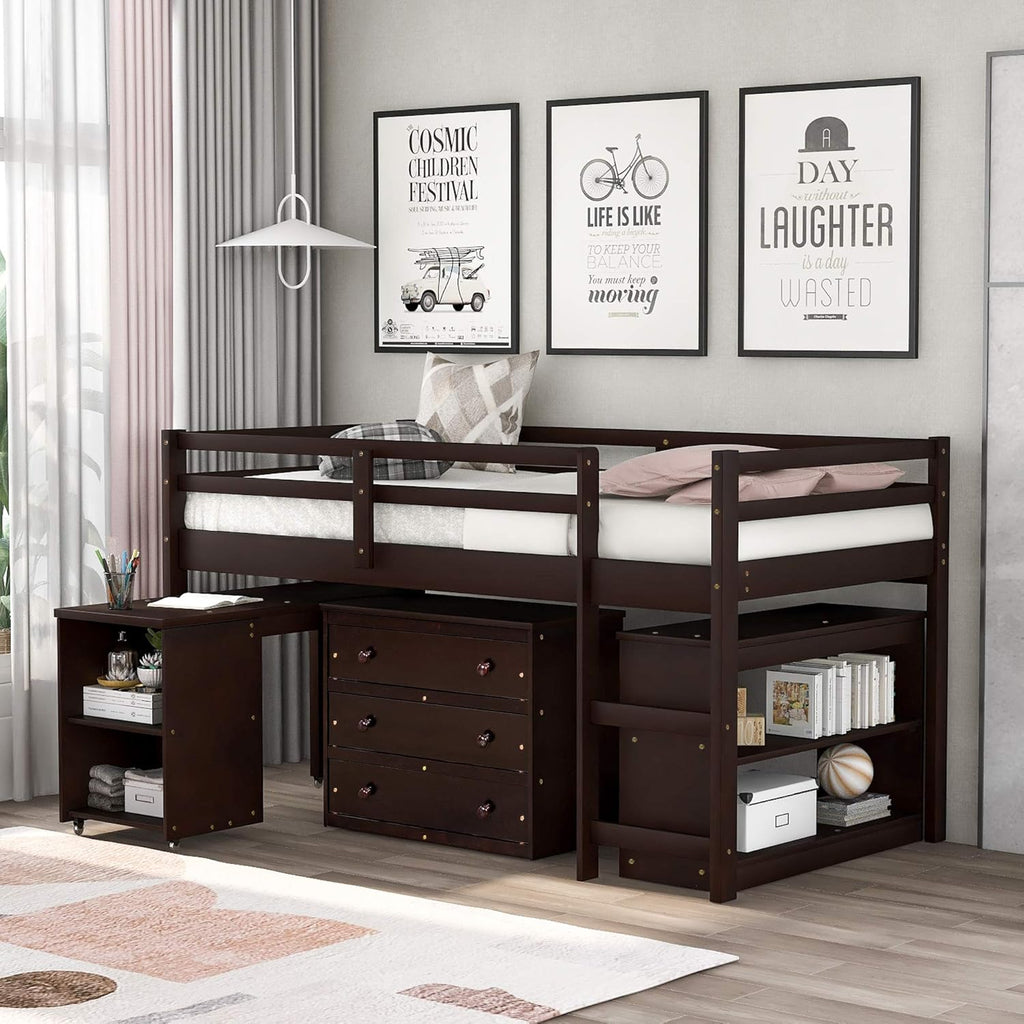 Twin Loft Bed with Desk and Cabinet Wooden Bunk Bed N1571