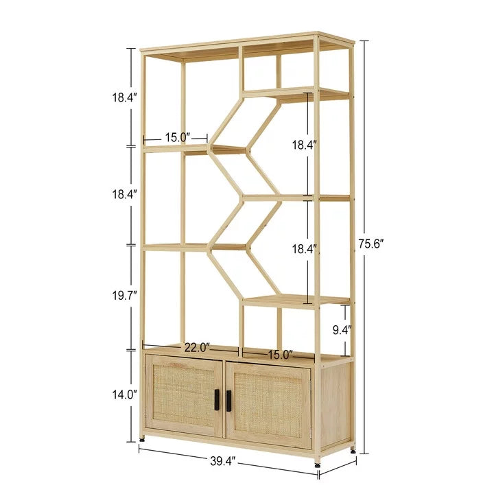 7 Tiers Wood Bookcase with Cabinet and Rattan Door W43080