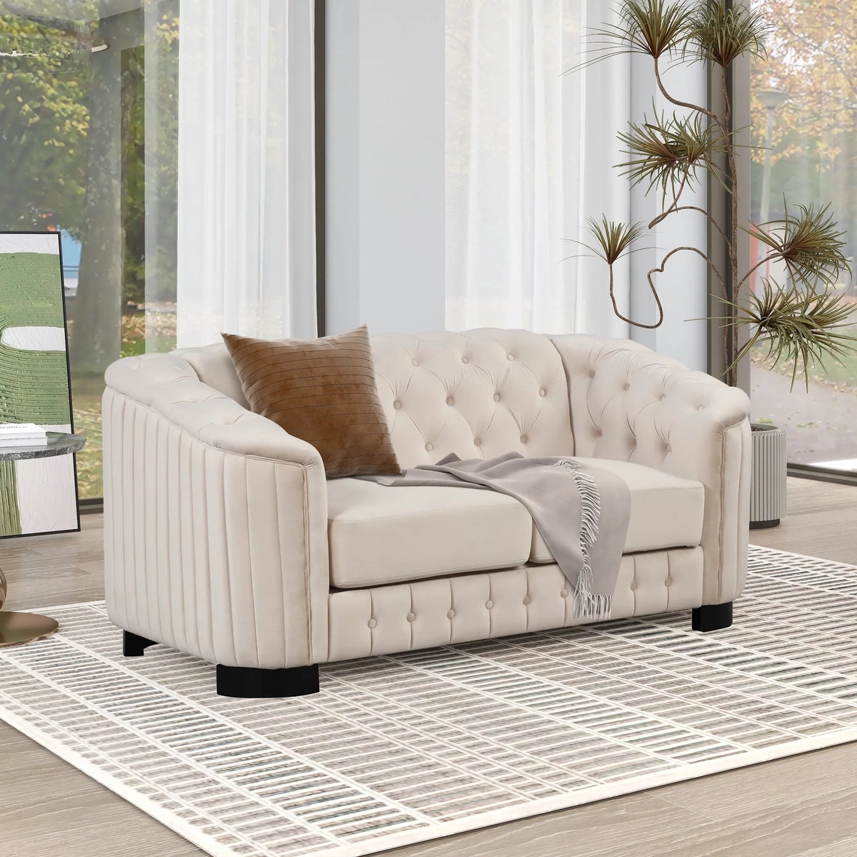 64" Beige Velvet Upholstered Loveseat Sofa C59214