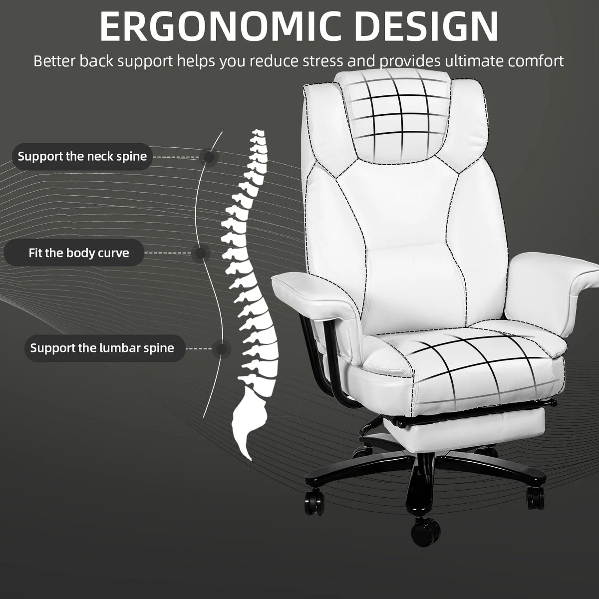 White Ergonomic PU Leather Reclining Office Chair with Footrest K197
