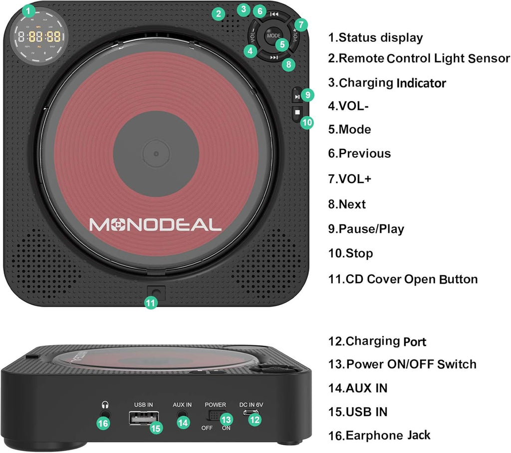 CD Player with Bluetooth, Portable Rechargeable, Built-in Speakers, Remote Control, Built-in FM Radio P989013