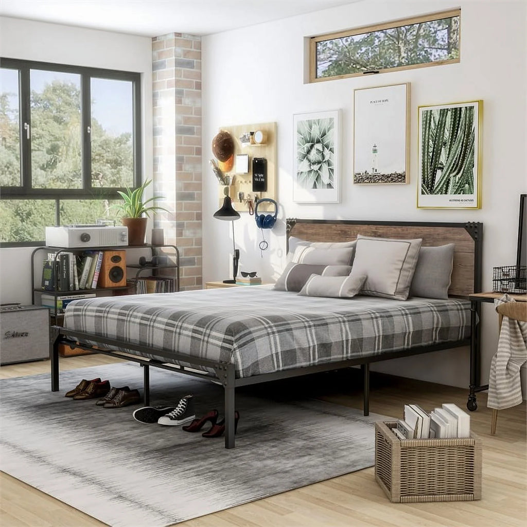 Brown Metal Queen Platform Bed with Memory Foam Mattress C4581