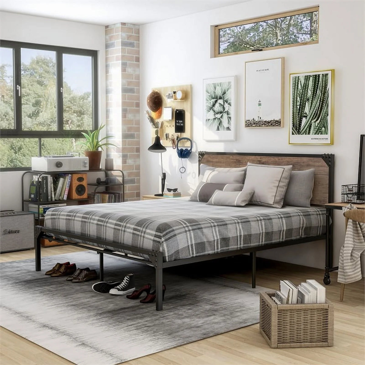 Brown Metal Queen Platform Bed with Memory Foam Mattress C4581