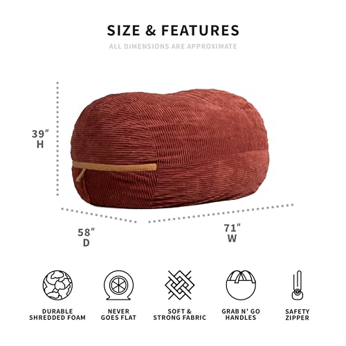 Deep Terracotta Corded Plush 6 feet Foam Filled Bean Bag Chair with Removable Cover K433495