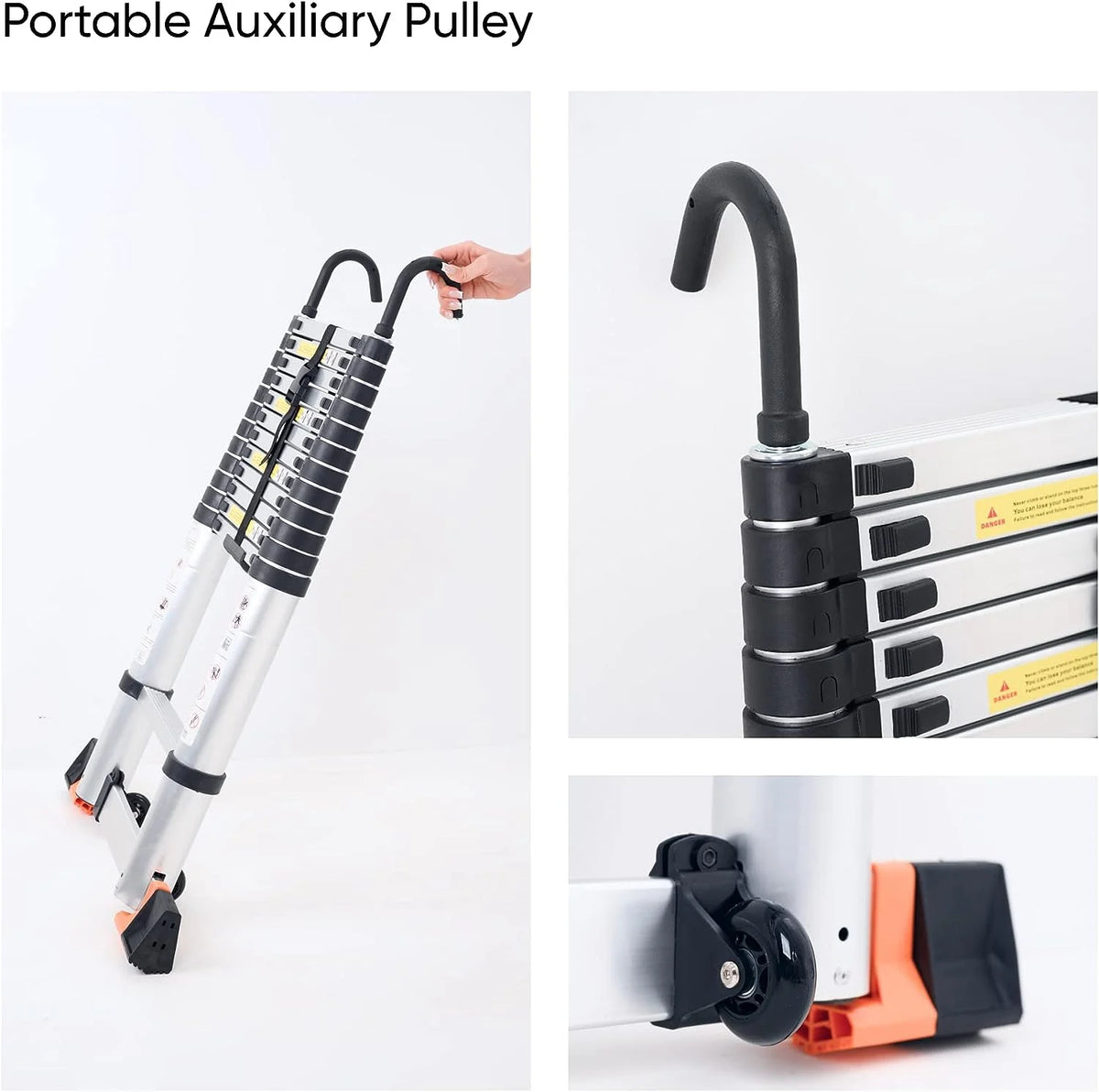 Folding Telescoping Ladder 12.5 FT Aluminum Extendable Ladder with 2 Detachable Hooks T13660