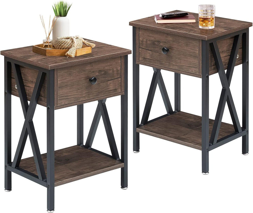Set of 2 Antique Black Side Table with Storage Cabinet B705