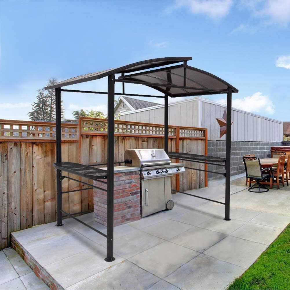 8'x5' Steel Frame Double-Tier Polycarbonate Top Grill Gazebo with Shelves I4490