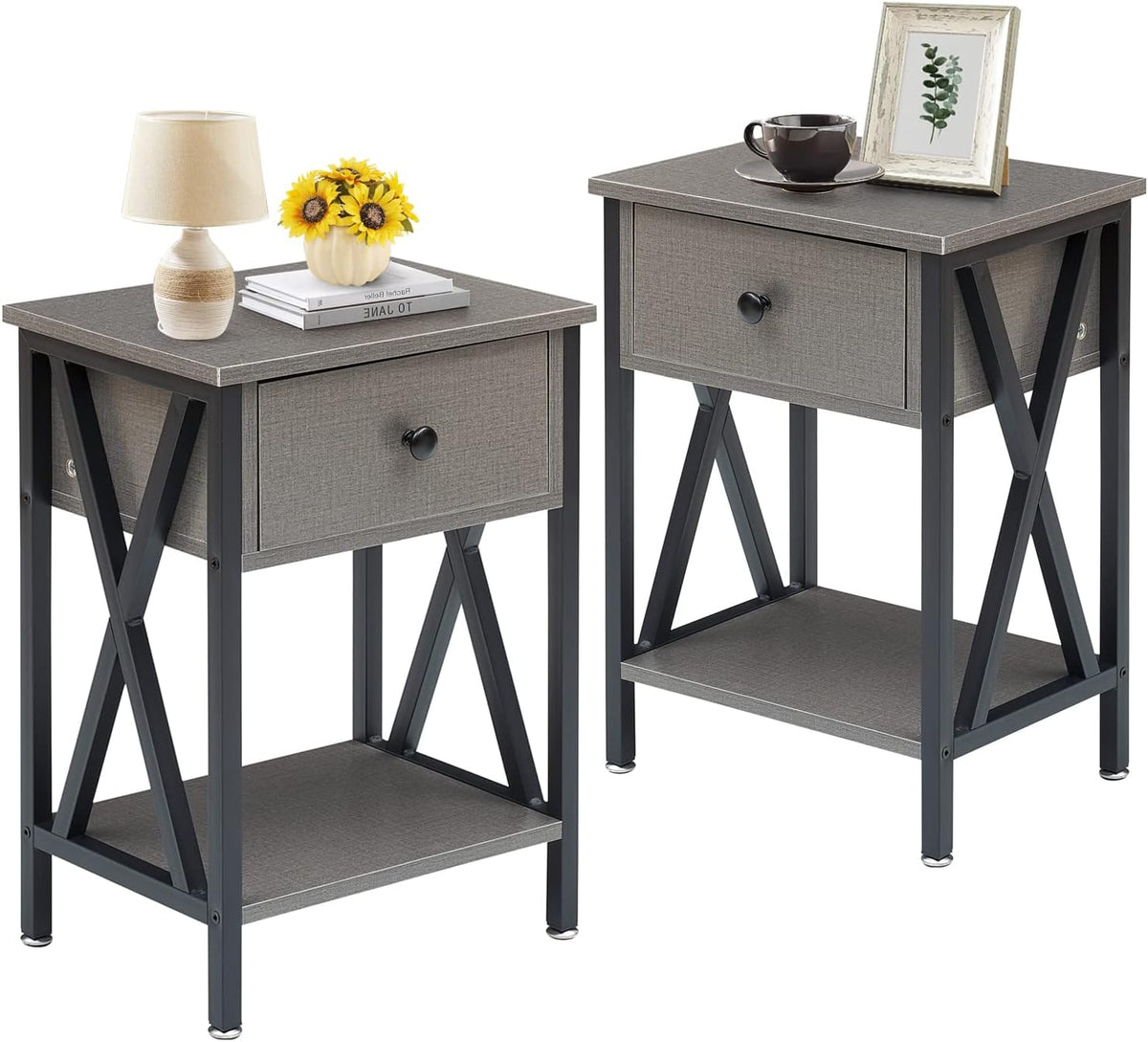 Set of 2 Antique Black Side Table with Storage Cabinet B705