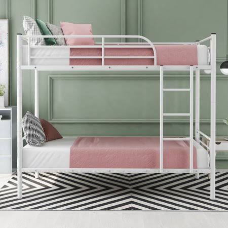 Twin Over Twin Metal Bunk Bed with Ladder and Guardrails Z8126