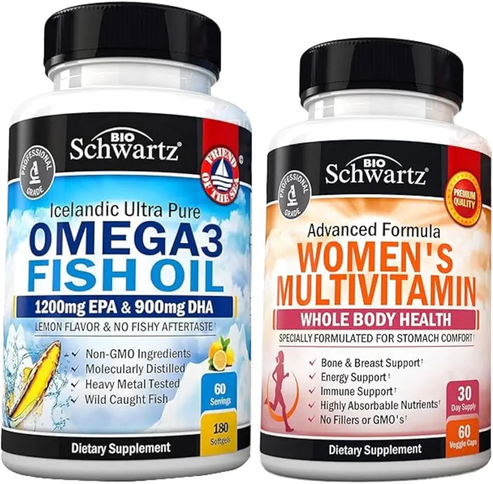 Women's Daily Multivitamin Capsules and Triple Strength Omega 3 Fish Oil Softgels A4196