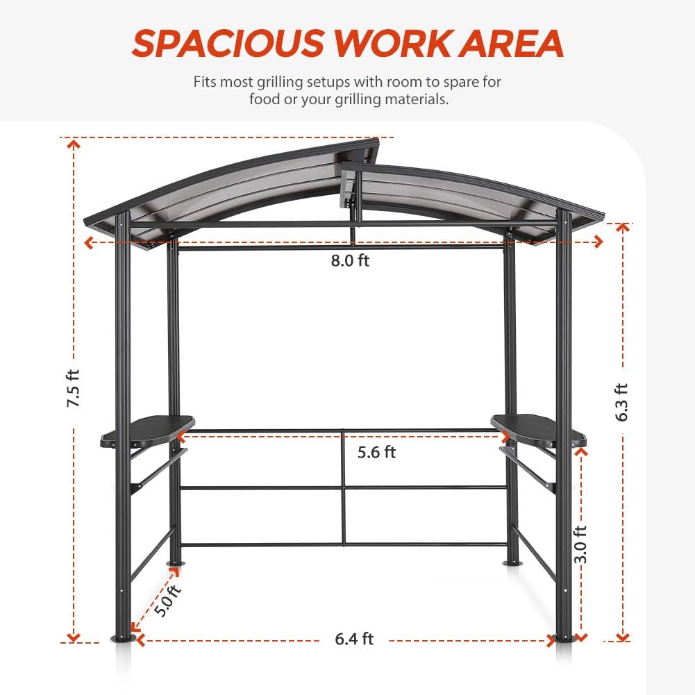 8'x5' Steel Frame Double-Tier Polycarbonate Top Grill Gazebo with Shelves I4490