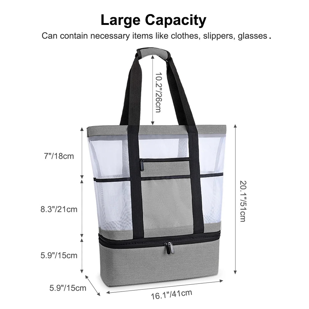 Gray Mesh Beach Tote with Zipper and Detachable Cooler A228223