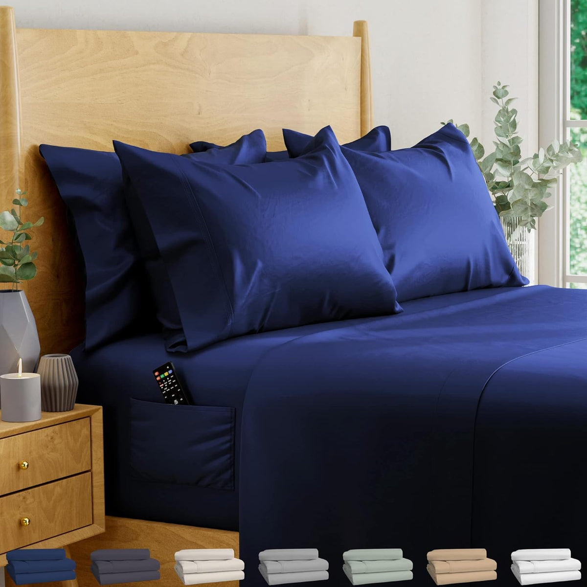 Ivory 6 pcs Queen Eucalyptus Lyocell Sheet Set with 2 Side Pockets P95441