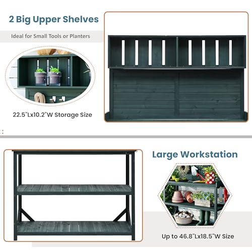 Green Wooden Potting Bench Table with Storage Shelves N41264