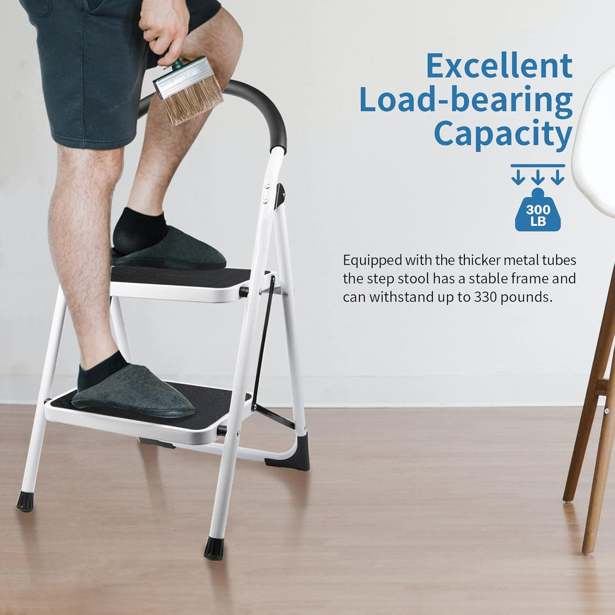 2 Step Folding Ladder with Arc-Shaped Handrail Metal Anti-Slip Base Wide Pedal Lightweight 330 LB Capacity Pack of 2 X834566
