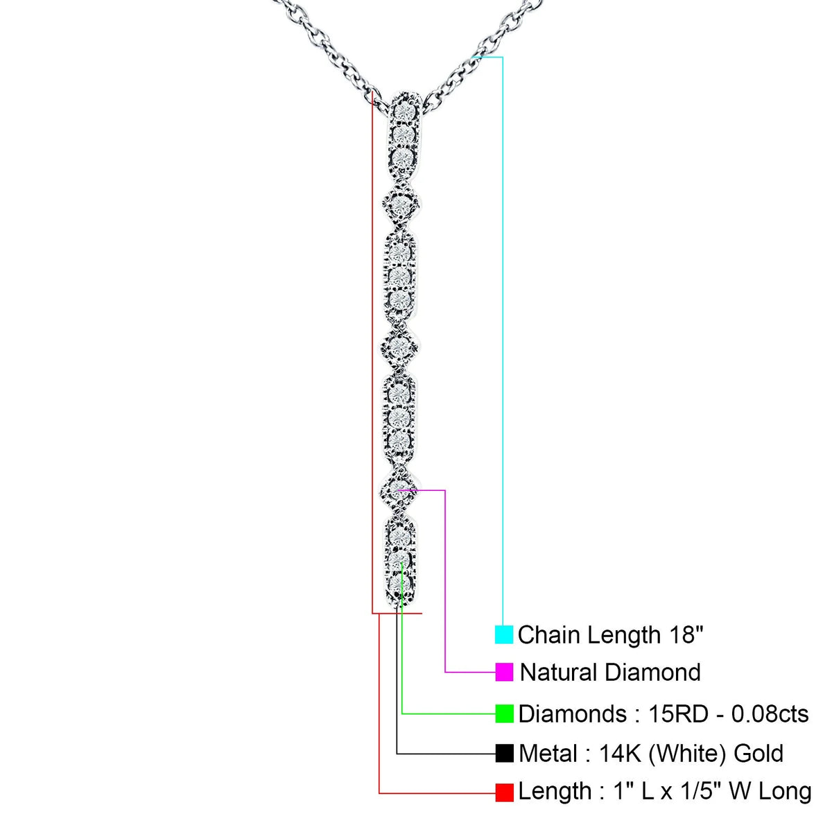 14K White Gold Diamond Drop Bar Pendant Necklace 18" W608225