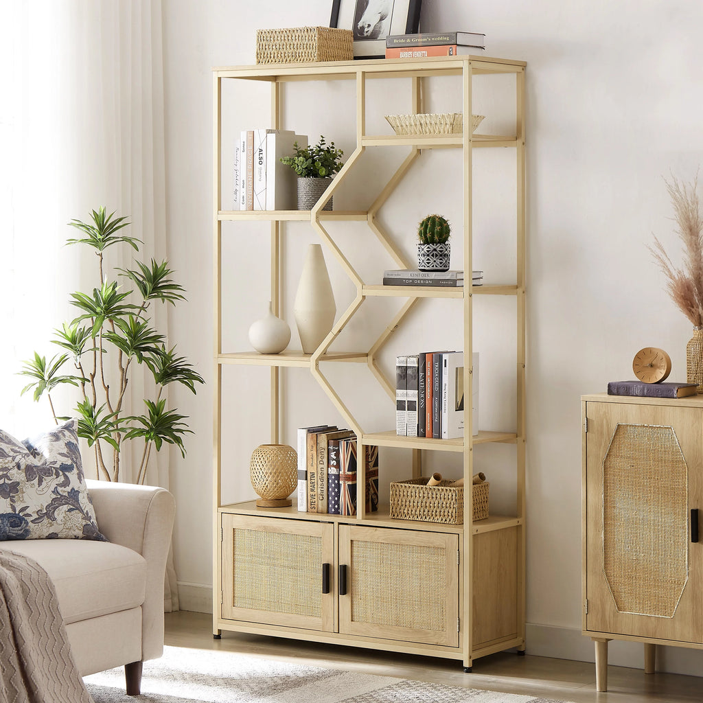 7 Tiers Wood Bookcase with Cabinet and Rattan Door W43080