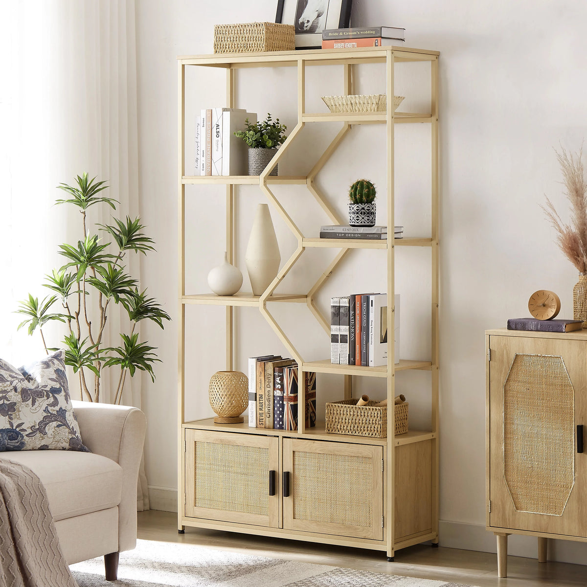 7 Tiers Wood Bookcase with Cabinet and Rattan Door W43080