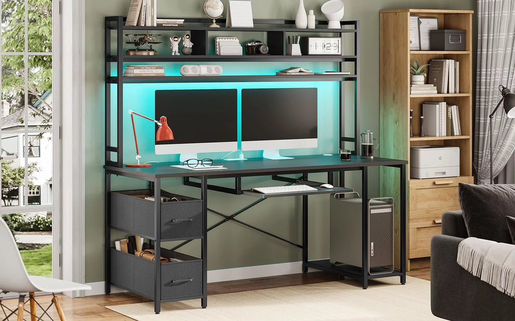 Black 55" Gaming Desk with Drawer and Monitor Stand N9349