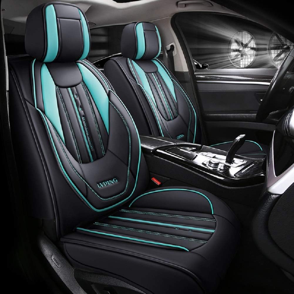 Black-Green PU Leather 5 Seats Full Set Car Seat Covers D237