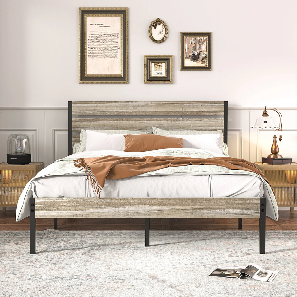 Queen Bed Frame with Wooden Headboard and Metal Slats J50116