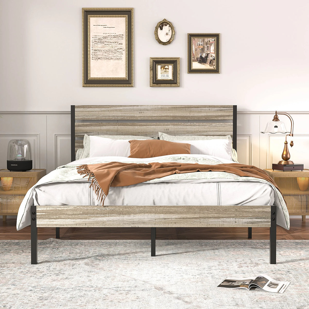 Queen Bed Frame with Wooden Headboard and Metal Slats J50116