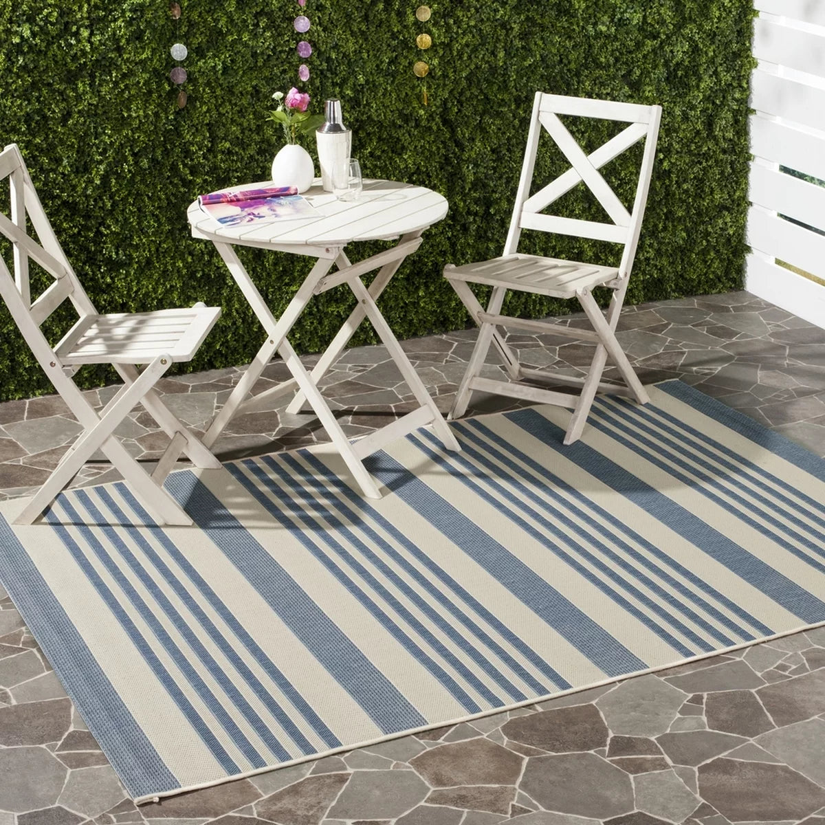 Beige Blue Striped Indoor Outdoor Area Rug 8' x 10' W73200
