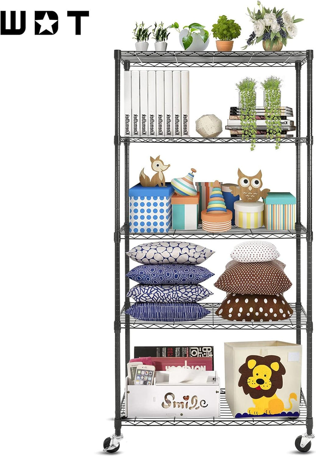 Black 5-Shelf Heavy Duty Metal Wire Shelving Unit on Wheels P72981