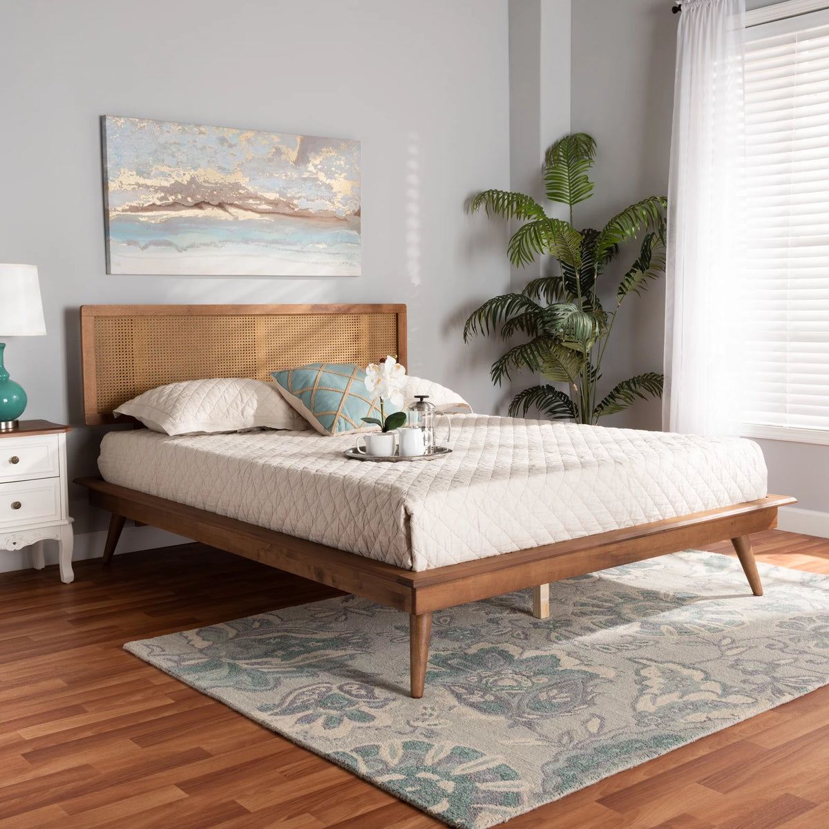Walnut Brown Wood and Synthetic Rattan Full Size Platform Bed L905