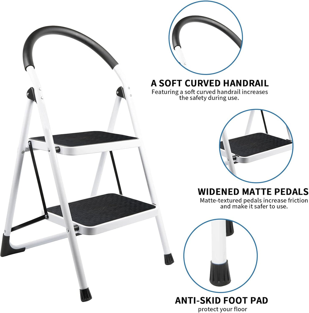 2 Step Folding Ladder with Arc-Shaped Handrail Metal Anti-Slip Base Wide Pedal Lightweight 330 LB Capacity Pack of 2 X834566