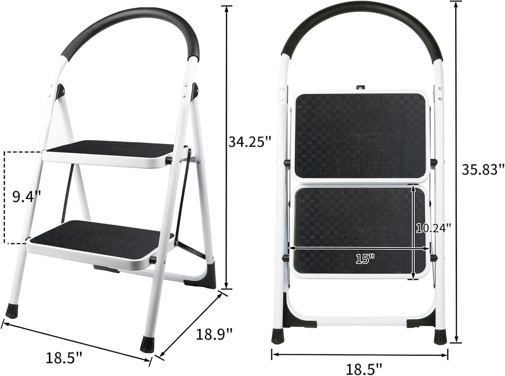 2 Step Folding Ladder with Arc-Shaped Handrail Metal Anti-Slip Base Wide Pedal Lightweight 330 LB Capacity Pack of 2 X834566