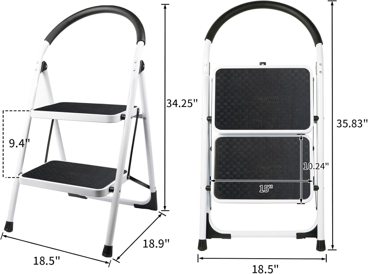 2 Step Folding Ladder with Arc-Shaped Handrail Metal Anti-Slip Base Wide Pedal Lightweight 330 LB Capacity Pack of 2 X834566