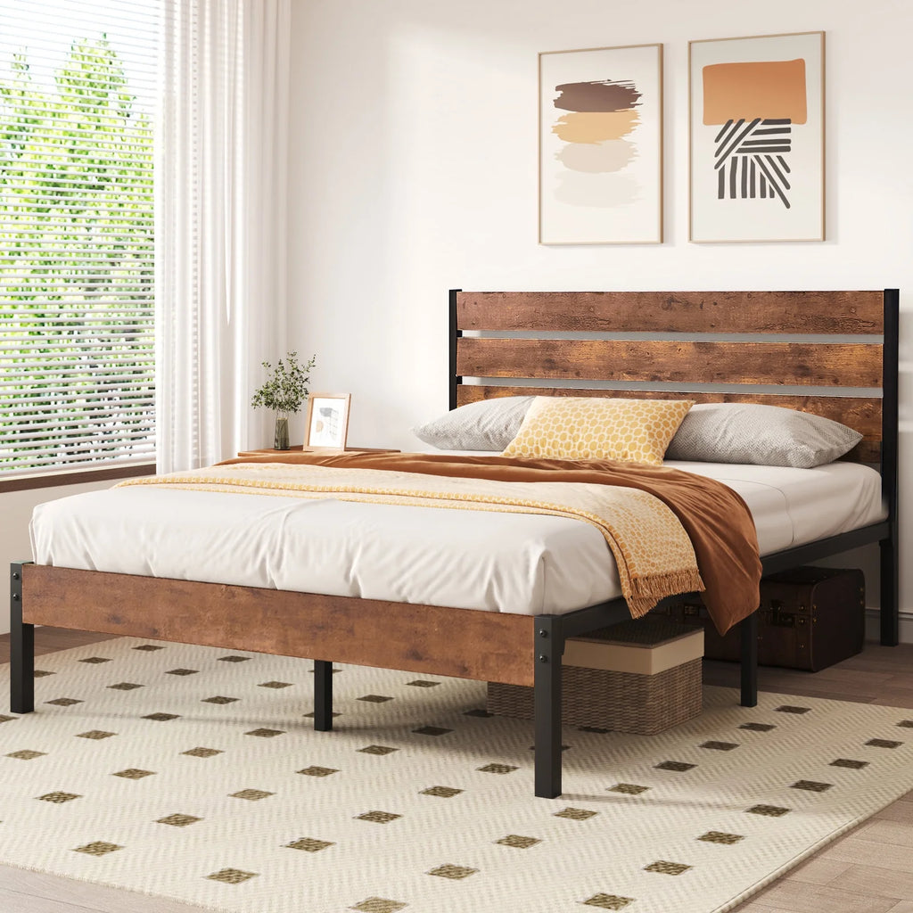 Queen Bed Frame with Wooden Headboard and Metal Slats J50116