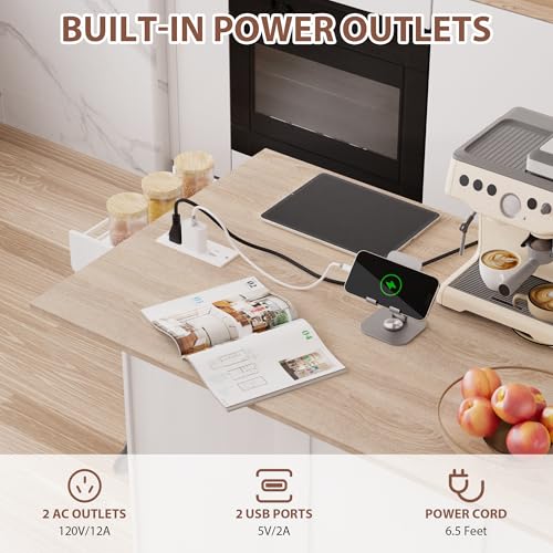 Kitchen Island on Wheels with Storage, Drop Leaf, Power Outlet, Trash Can Storage, Spice Rack, Towel Rack, Drawers N303555