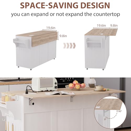 Kitchen Island on Wheels with Storage, Drop Leaf, Power Outlet, Trash Can Storage, Spice Rack, Towel Rack, Drawers N303555