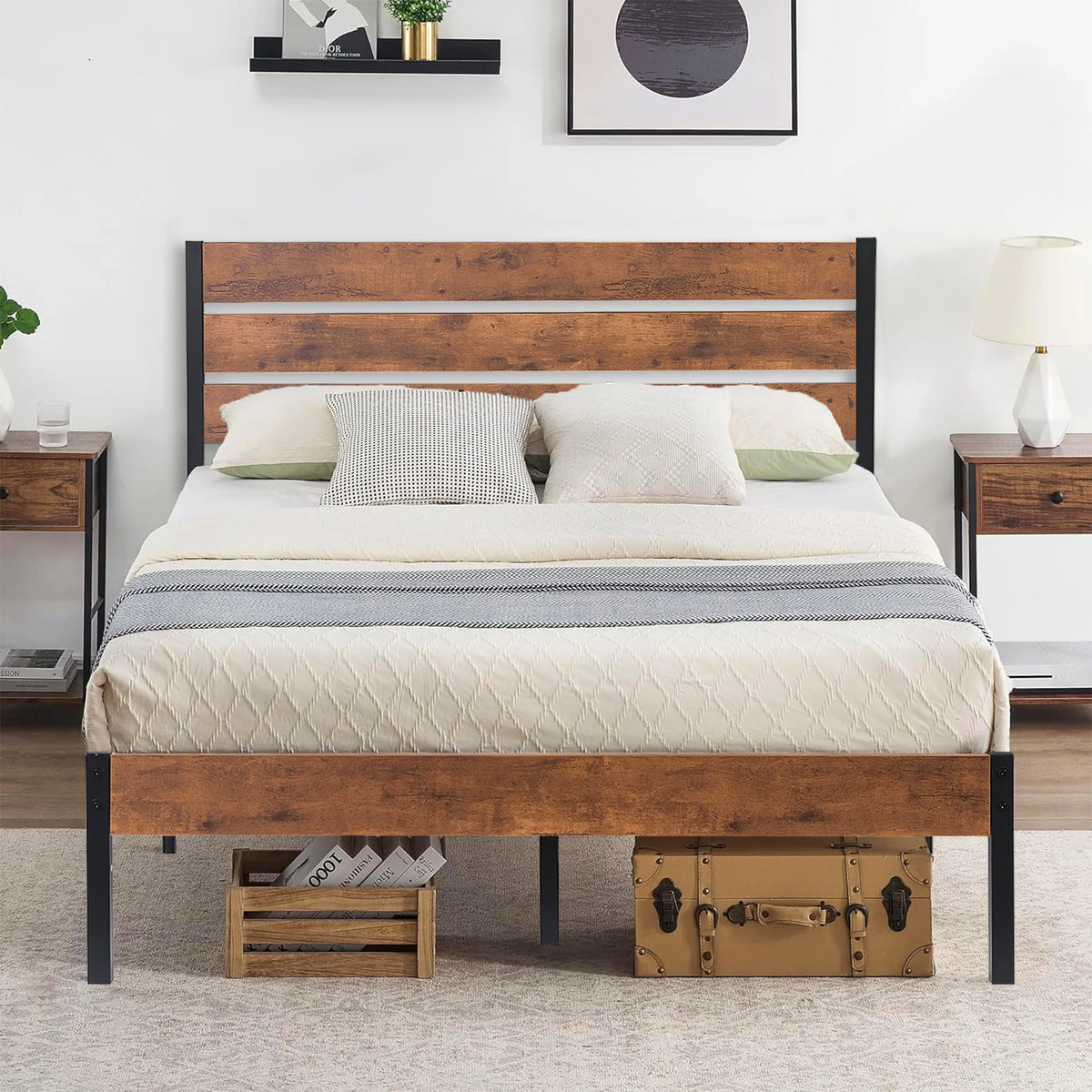Queen Bed Frame with Wooden Headboard and Metal Slats J50116