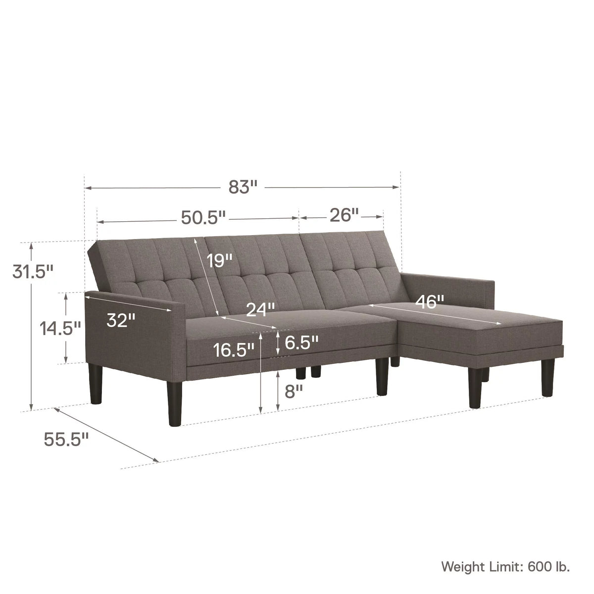 Grey Linen Sectional Sofa Futon P573455