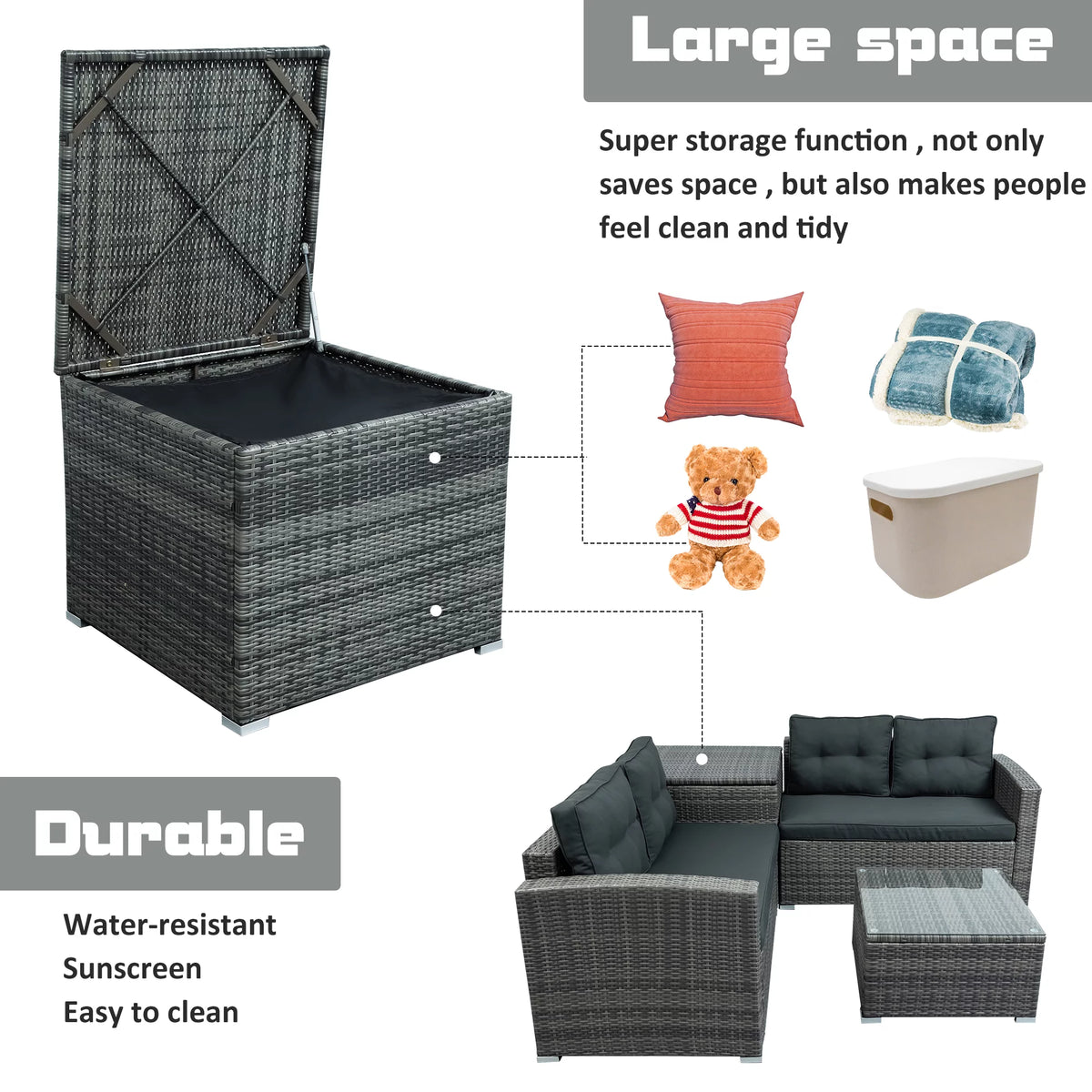 4Pcs All-Weather Rattan Wicker Patio Furniture Set with Storage Box & Table O595003