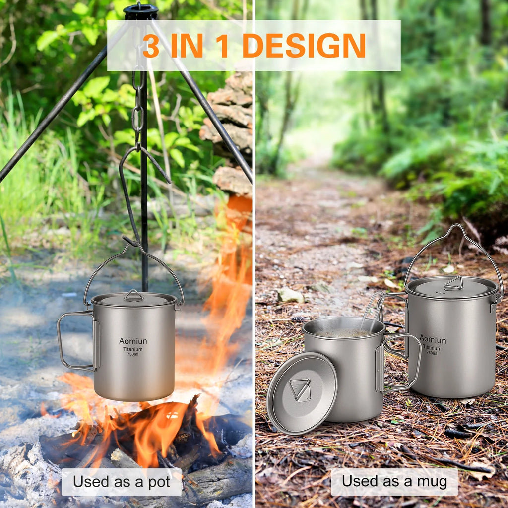Ultralight 750ml Titanium Pot with Lid and Foldable Handle I424498