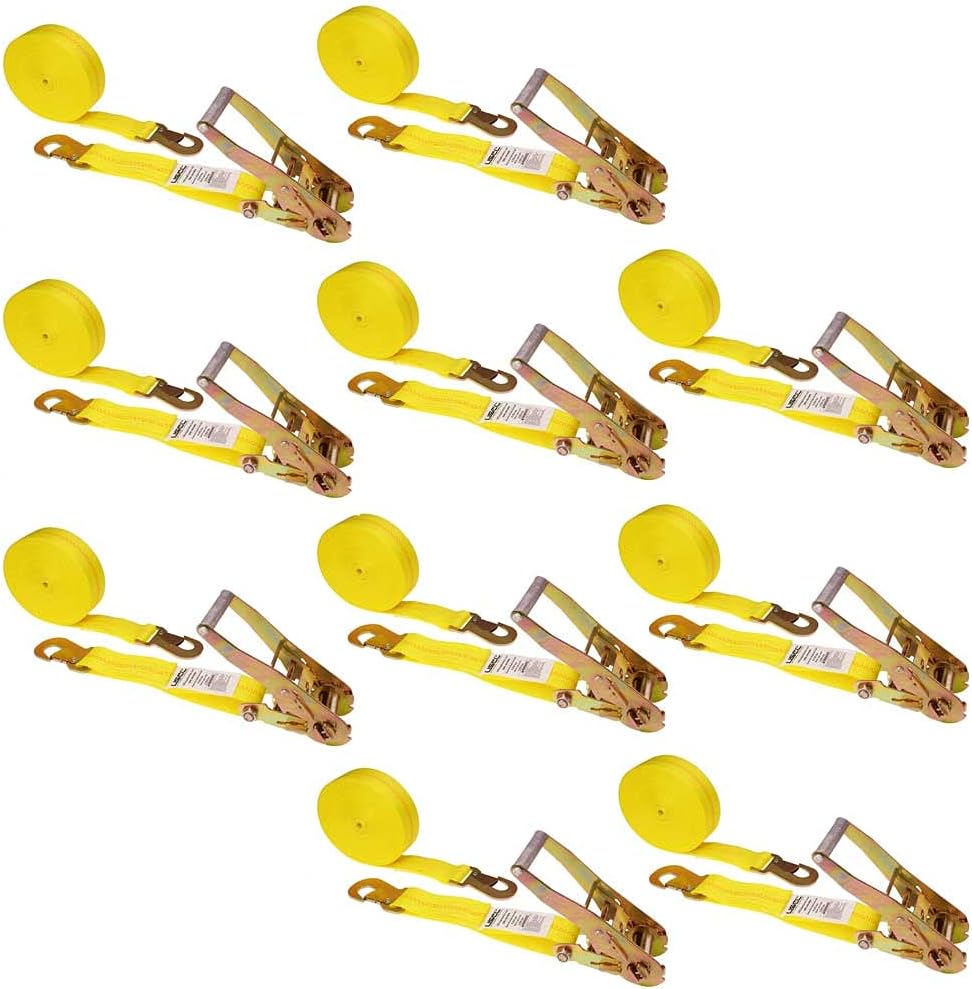 Yellow 2 Inch x 27 Foot Ratchet Straps with Snap Hook, 10 Pack A907