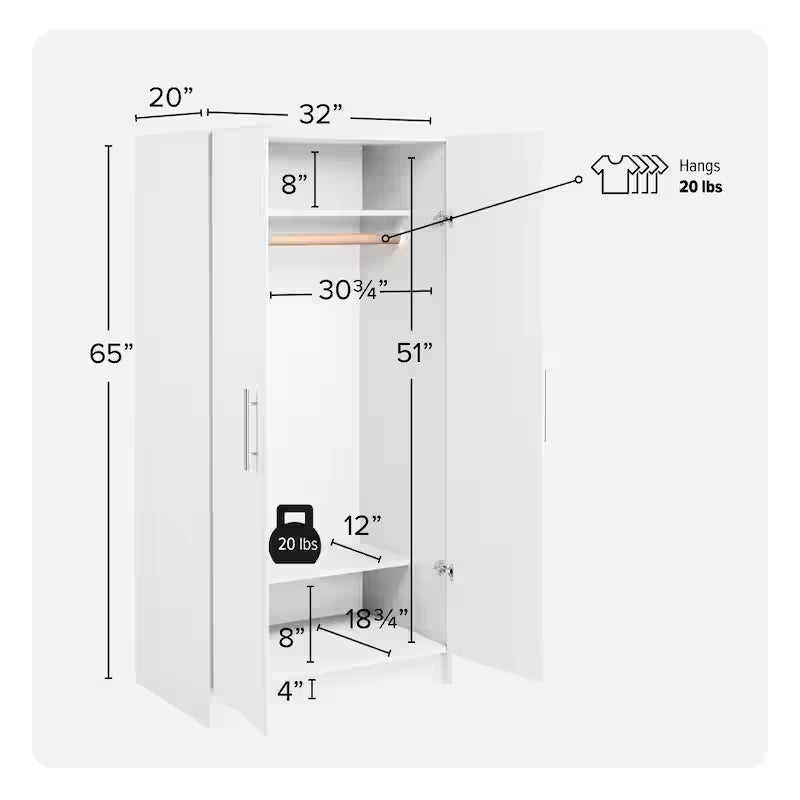2-Shelf Engineered Wood Freestanding Wardrobe Cabinet in White V81533