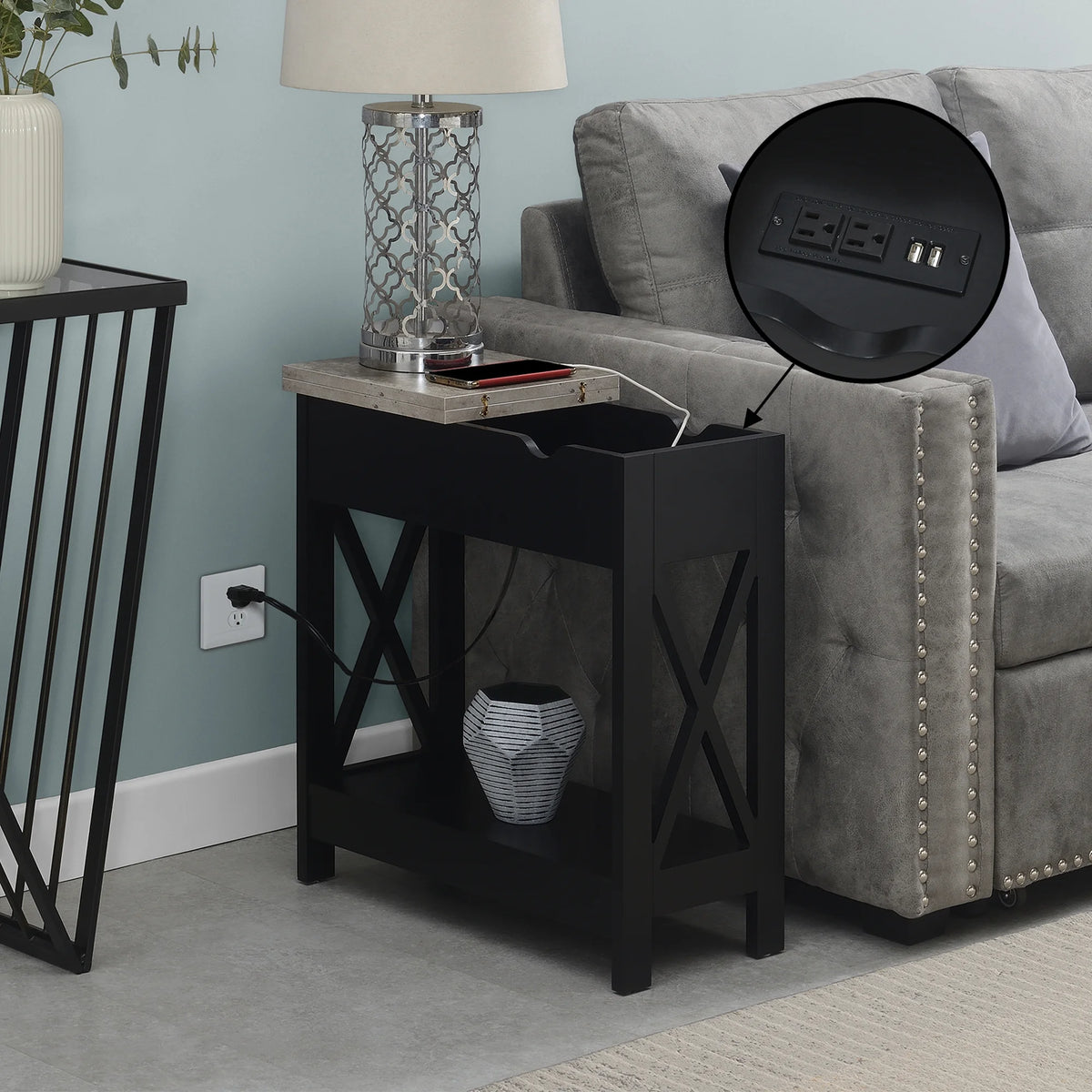 Flip Top End Table with Charging Station and Shelf Z2104