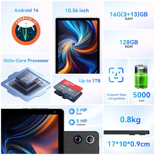 Black 10.36 inch Android 14 Tablet, 16GB RAM 128GB ROM, 8-Core HD Display, 5000mAh Battery, Dual Camera, 1TB Expandable U35744