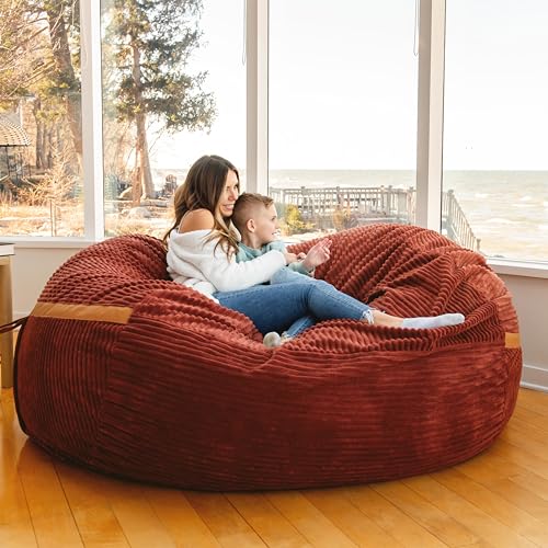 Deep Terracotta Corded Plush 6 feet Foam Filled Bean Bag Chair with Removable Cover K433495
