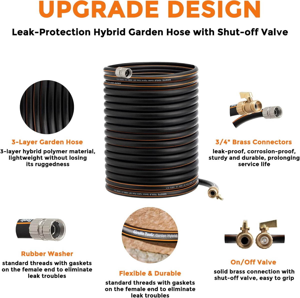 Hybrid Garden Hose 50 ft x 5/8", Heavy Duty Rubber Water Hose, 3/4" Brass Connector with Shut off Valve, Pack of 2 A65574
