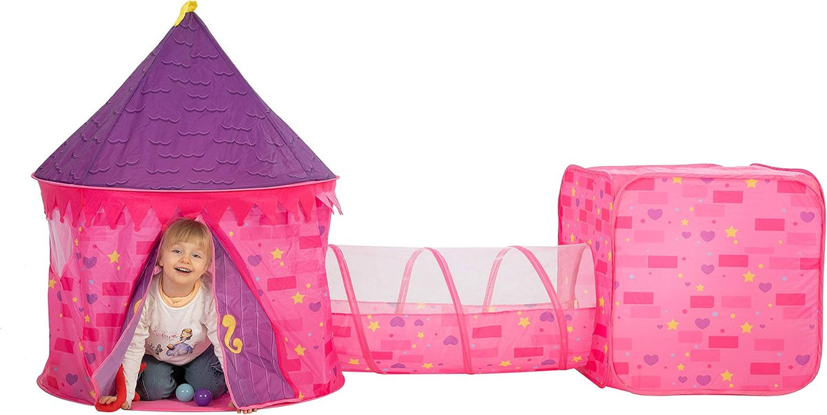 Pink Castle Play Tent with Pop Up Tunnel and Playhouse Kids Indoor Outdoor Play Tent Set S441