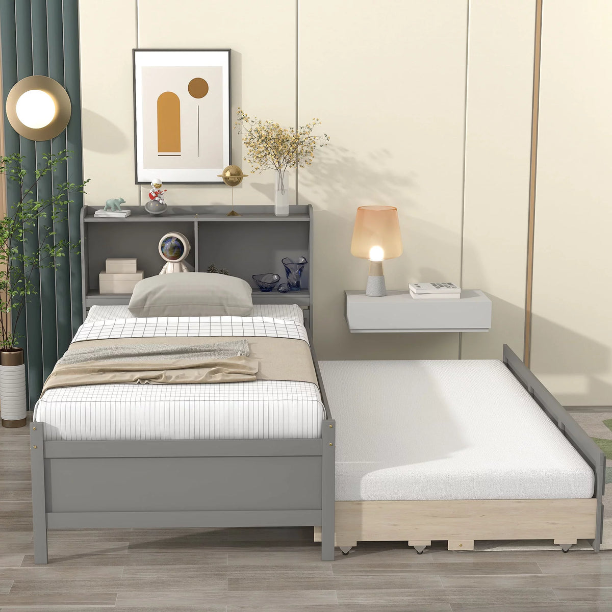 Twin Size Wooden Platform Bed with Trundle and 3 Storage Drawers A570