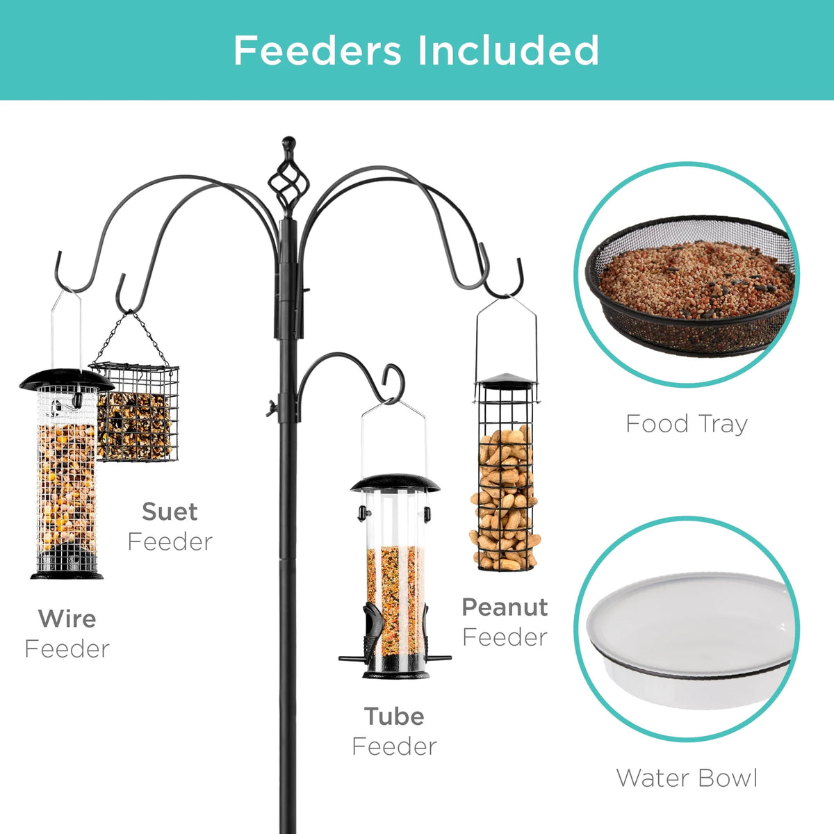 89in 6-Hook Steel Bird Feeding Station with Feeders Tray and Bird Bath G200