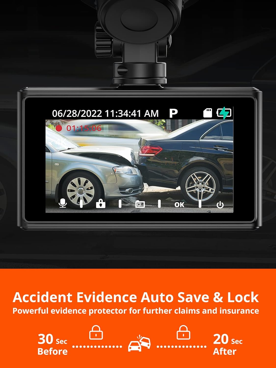 4K Front and Rear Dual Dash Cam with WiFi, Night Vision, Black Z671088